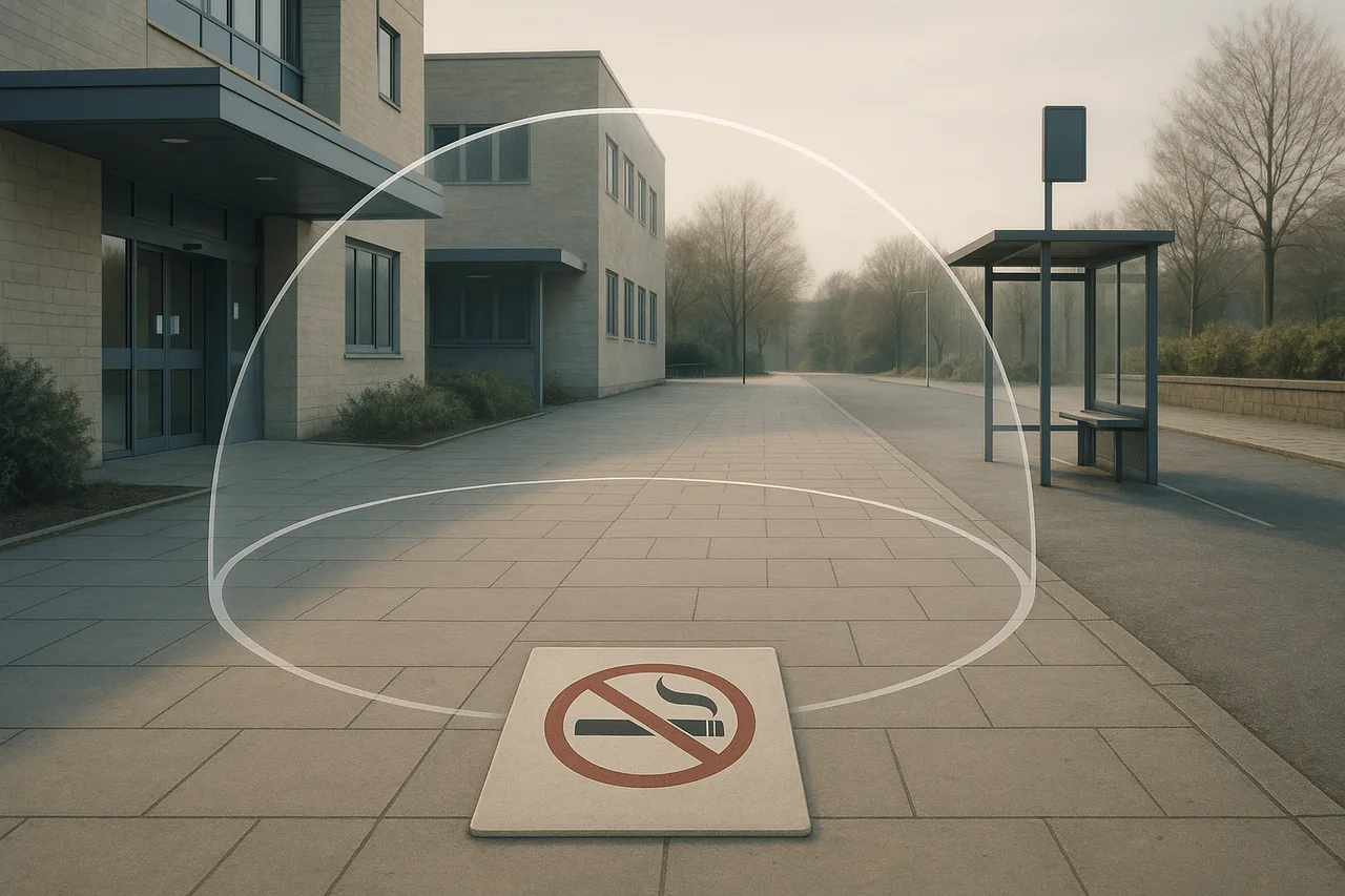 Editorial body image showing a vape-free zone boundary outside a public building in a muted newsroom palette.