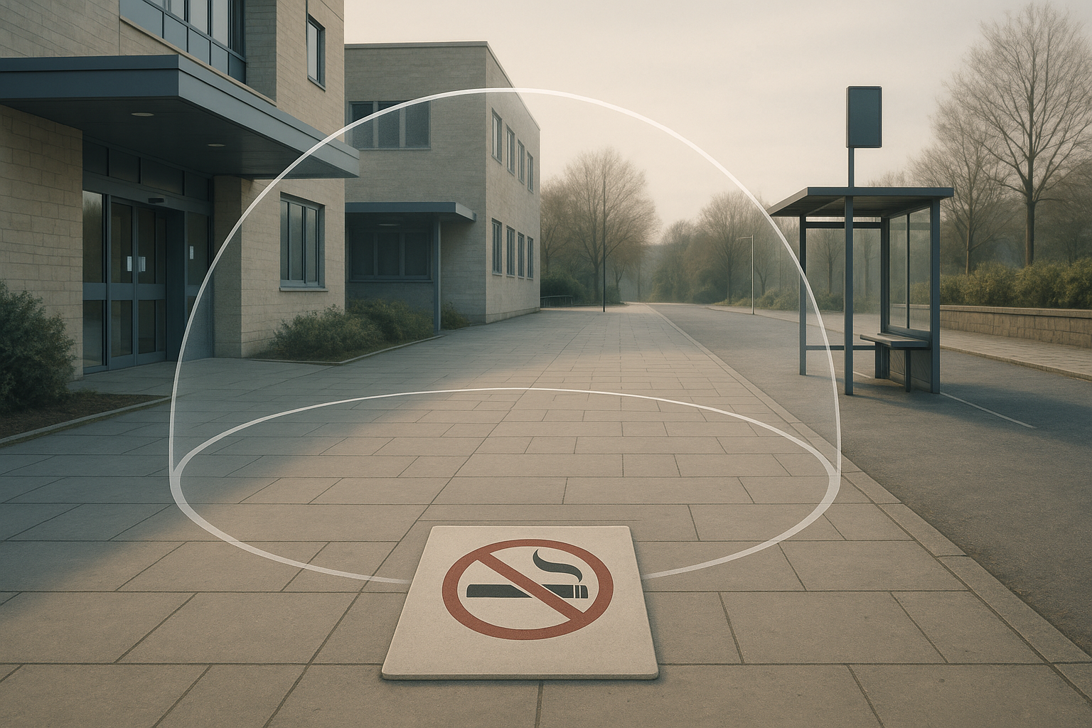 Editorial body image showing a vape-free zone boundary outside a public building in a muted newsroom palette.