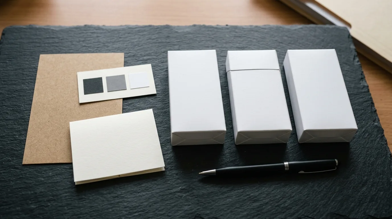 Plain unbranded vape packaging mockups arranged for a compliance review.