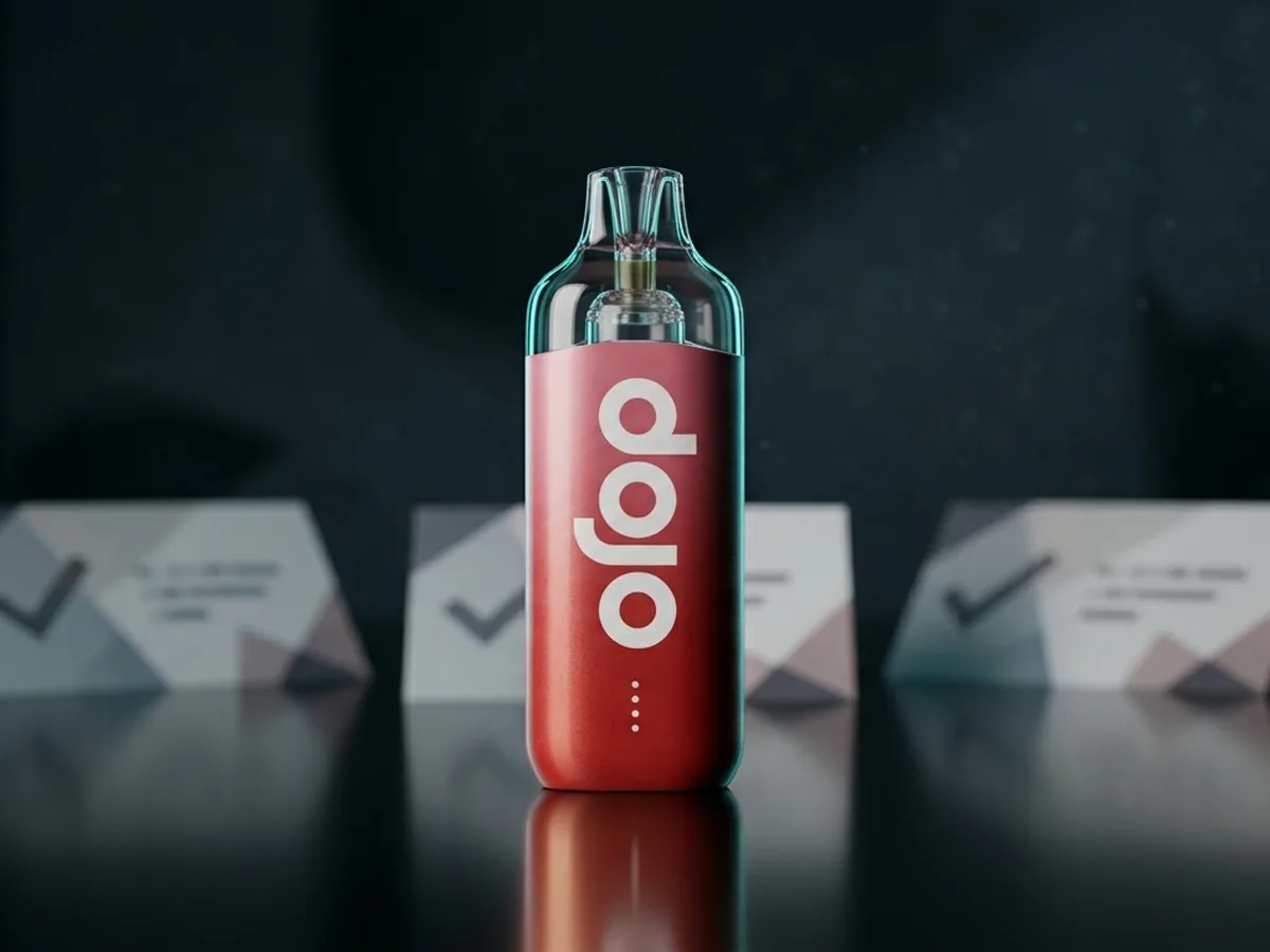 Vaporesso Dojo Blast 10K with cautious claim-check cards in an editorial slate scene.