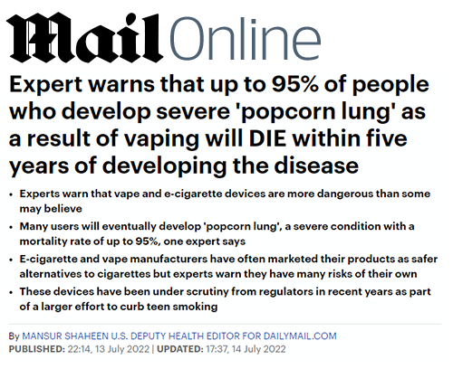 Daily Mail: 'Expert warns that up to 95% of people who develop severe popcorn lung will DIE'