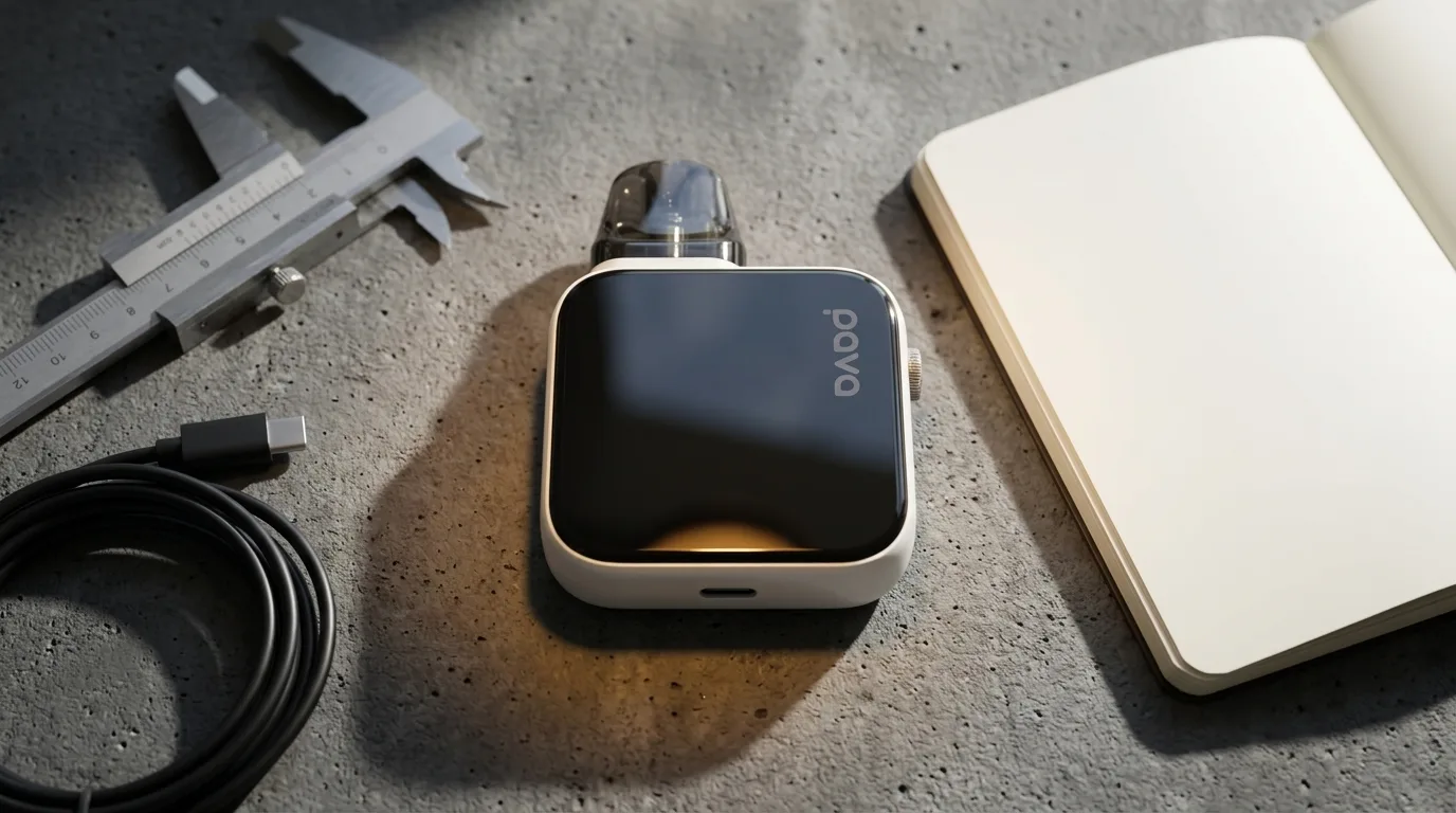 PAVA Horiz Ultra pod kit on a technical review bench with calipers and USB-C cable.
