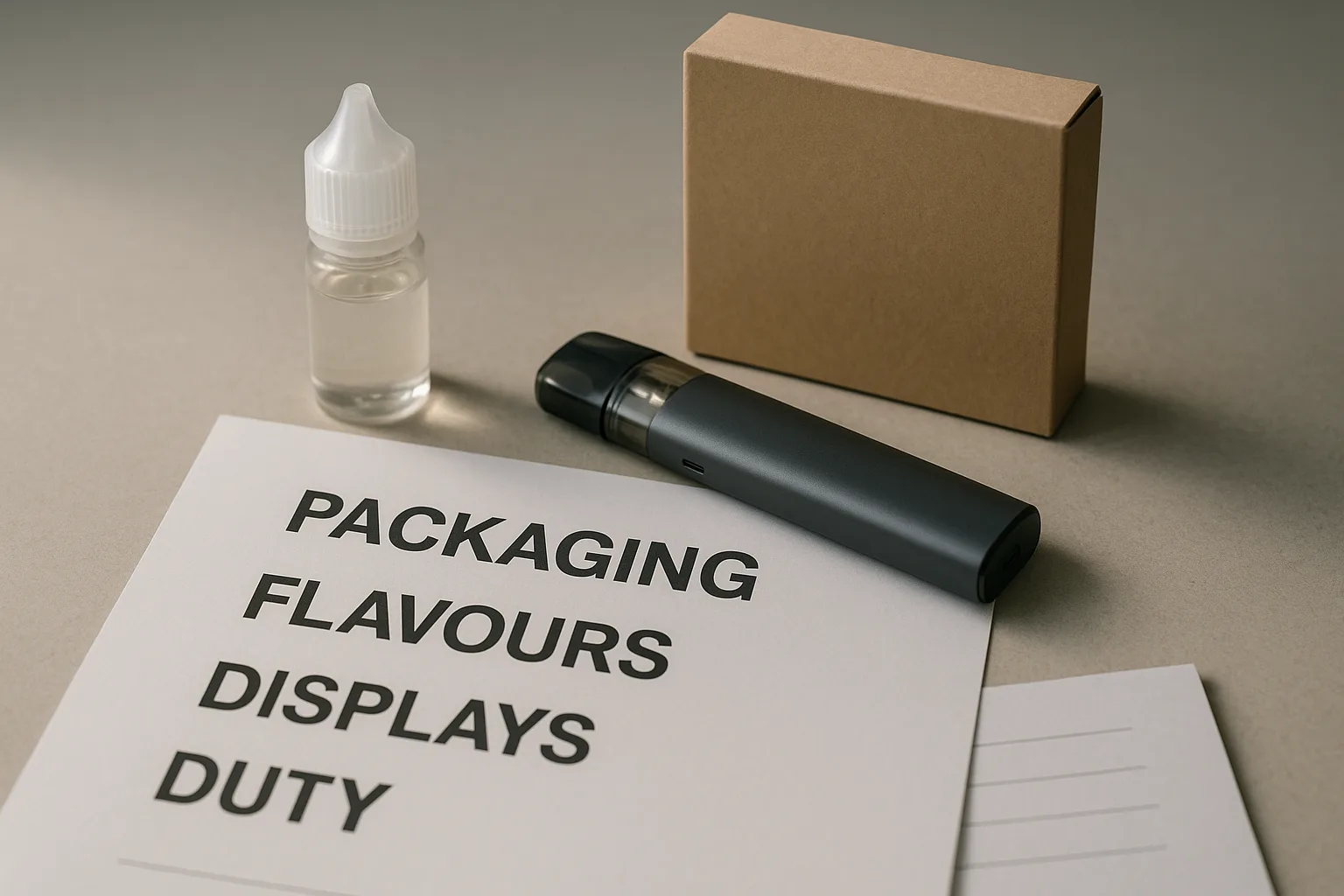Neutral compliance desk with refillable e-liquid bottle, pod kit and plain documents labelled packaging, flavours, displays and duty.