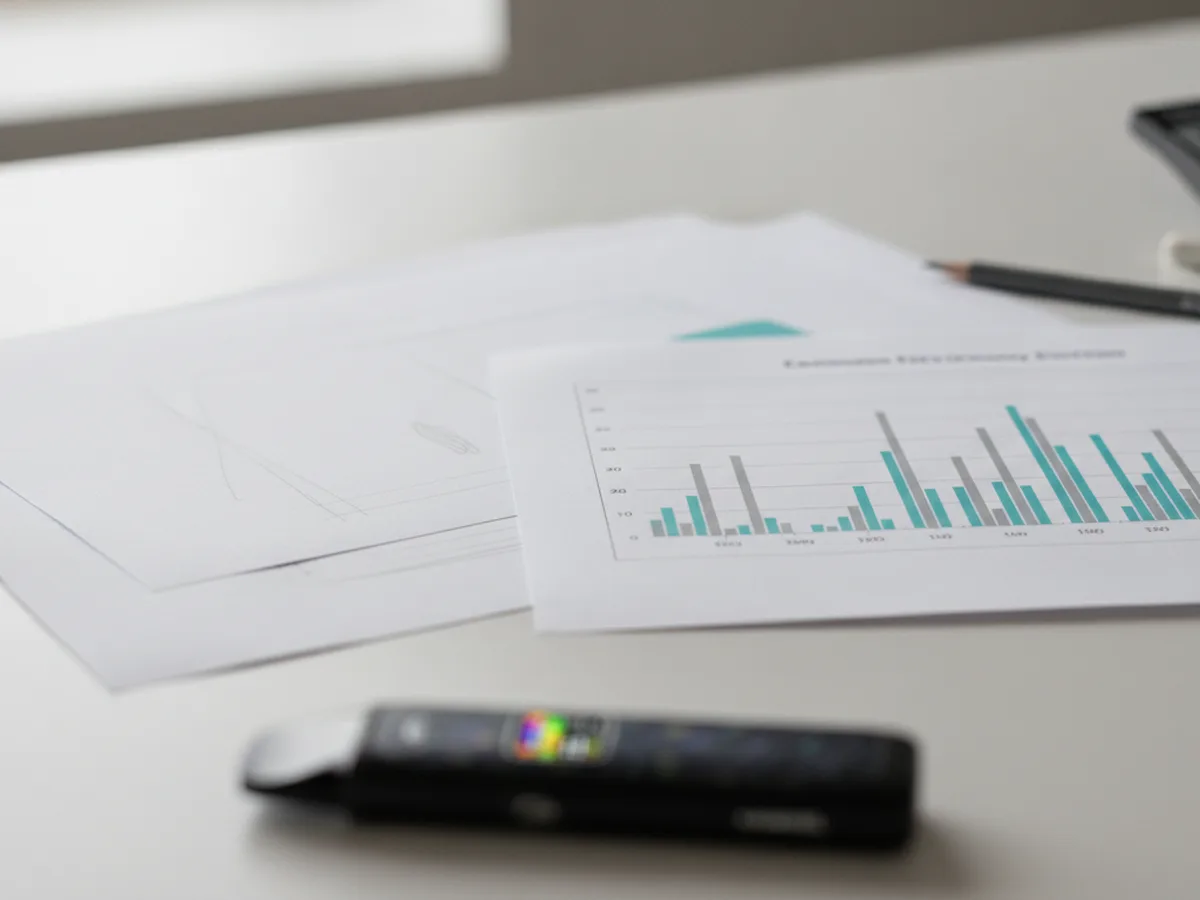 An anonymised study-design desk scene with a blurred pod kit, neutral paperwork and a teal data chart for a Penn State salt-nicotine trial evidence article