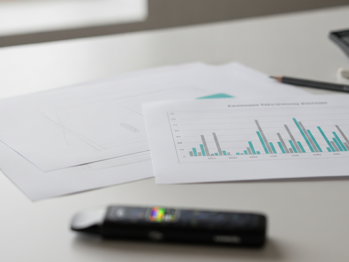 An anonymised study-design desk scene with a blurred pod kit, neutral paperwork and a teal data chart for a Penn State salt-nicotine trial evidence article