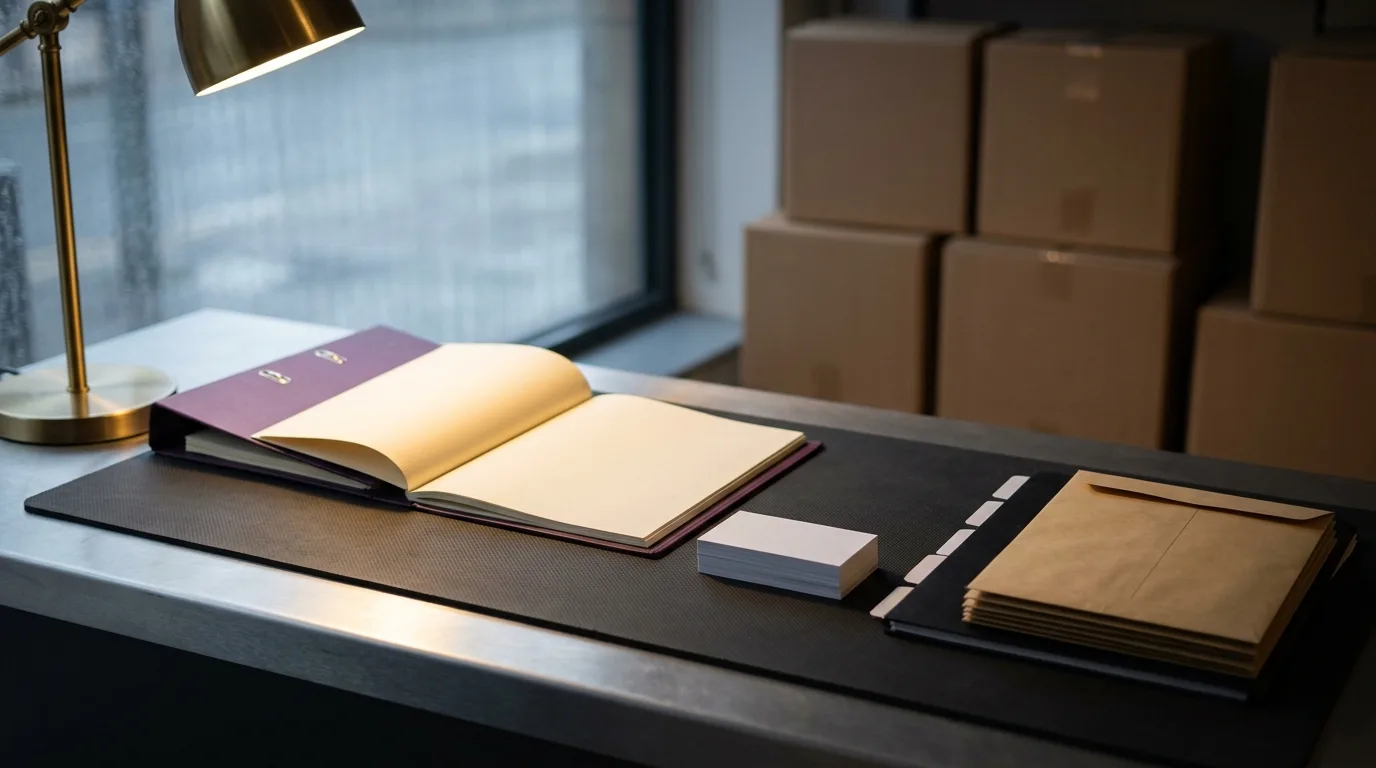 Blank refusal-log cards, supplier folders and stock cartons arranged for vape retail compliance evidence.