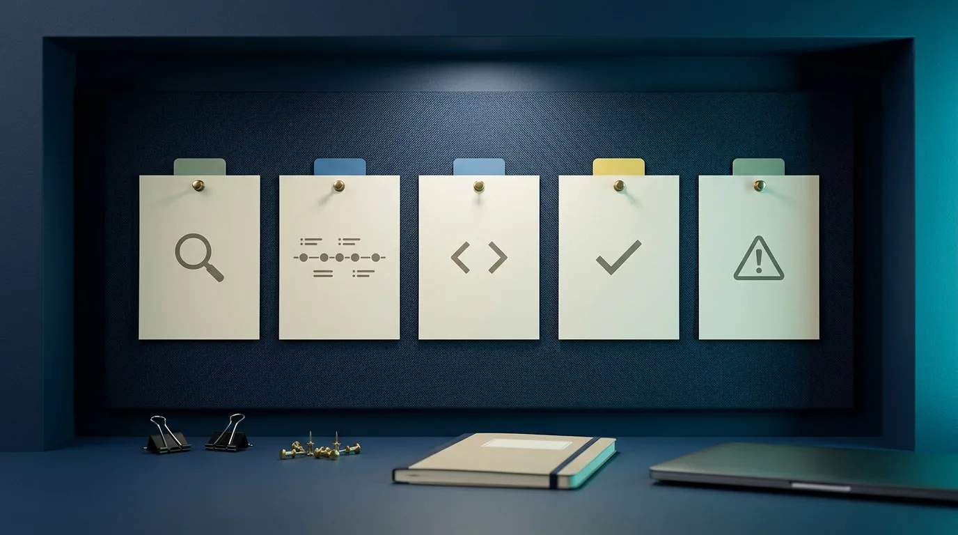 Adult methodology checklist board with blank cards and icon-only evidence markers.