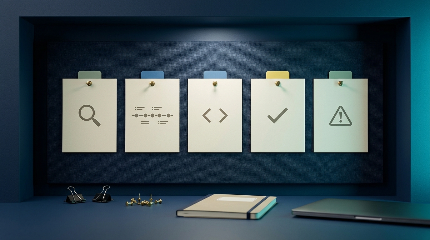 Adult methodology checklist board with blank cards and icon-only evidence markers.