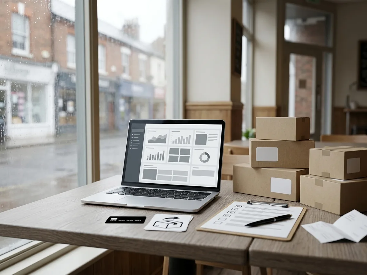 UK vape ecommerce platform checklist on a cafe table with laptop, shipping boxes and operations paperwork