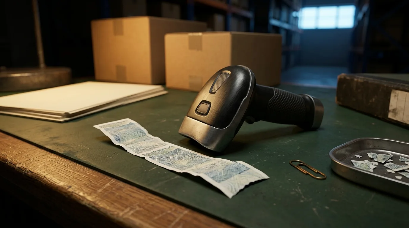Barcode scanner beside blank torn duty-stamp evidence props on a warehouse records bench