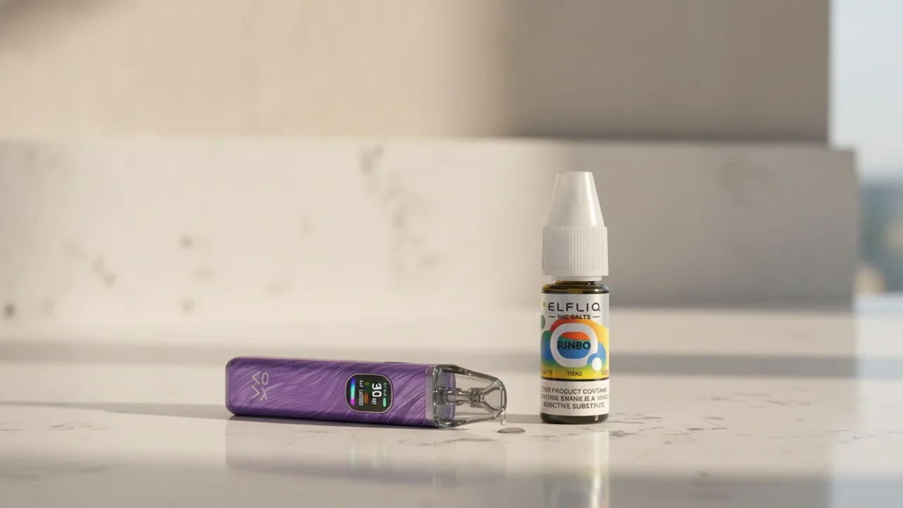 A purple OXVA Xlim Pro 2 refillable pod kit beside a real ElfLiq Rinbo 10ml nicotine-salt e-liquid bottle, mid-refill on a clean counter.