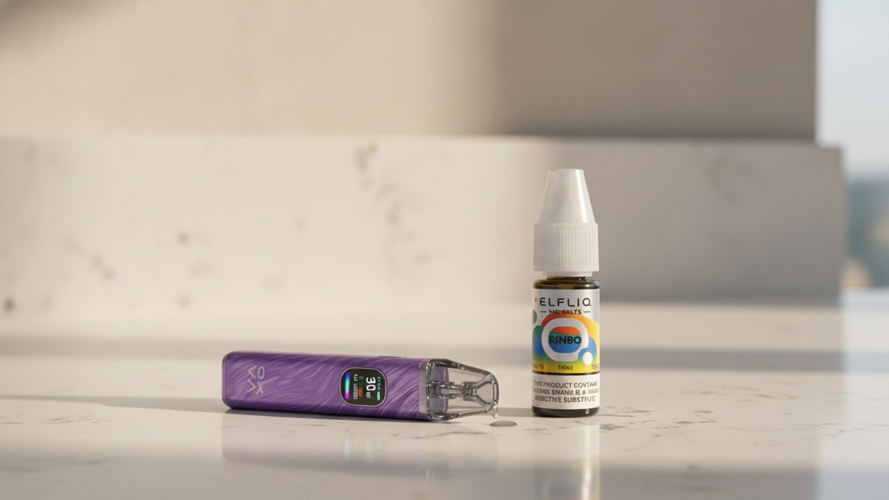 A purple OXVA Xlim Pro 2 refillable pod kit beside a real ElfLiq Rinbo 10ml nicotine-salt e-liquid bottle, mid-refill on a clean counter.