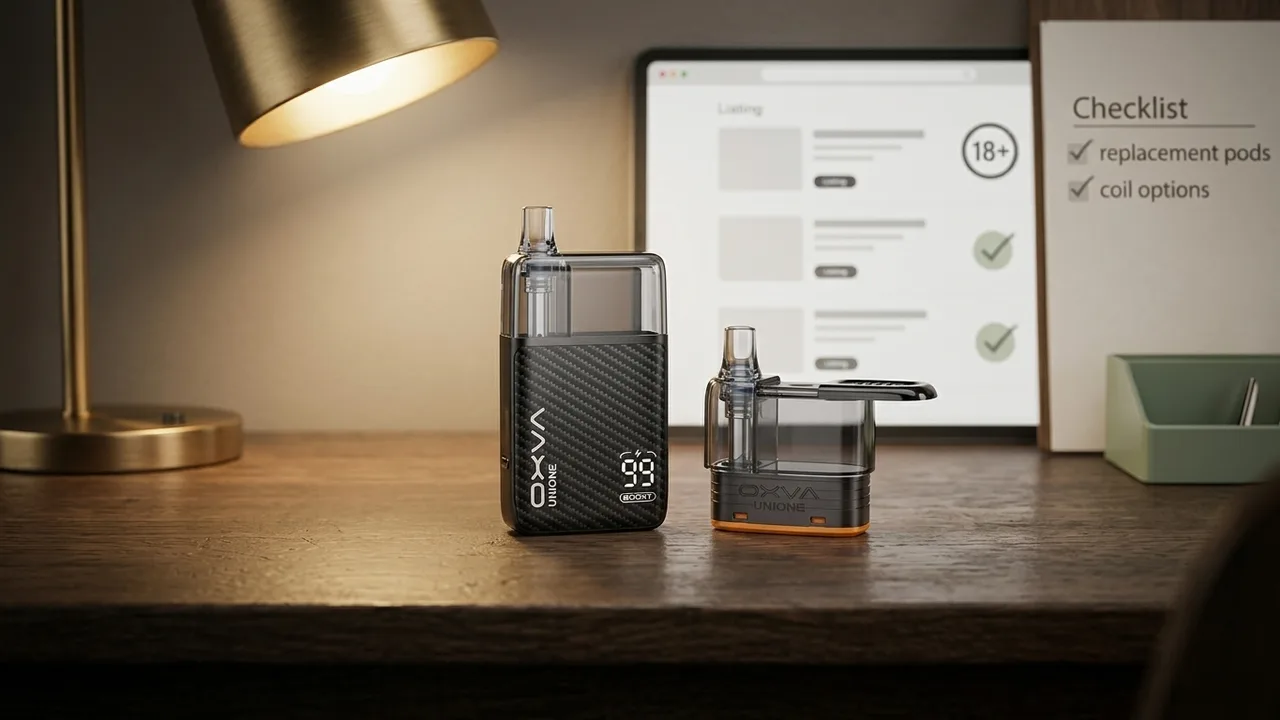 OXVA UNIONE kit and replacement cartridge beside an adult UK retail buying checklist.