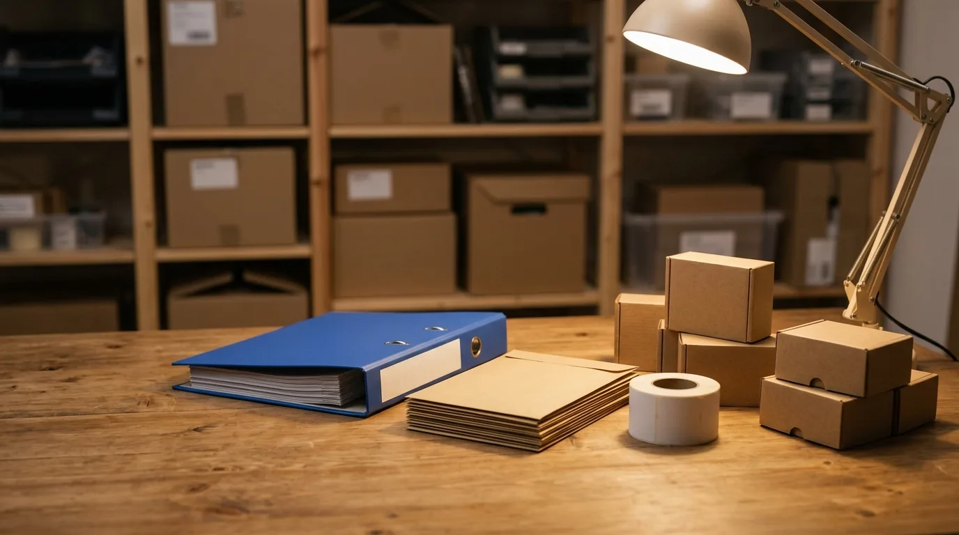 Retail compliance records and plain vape stock boxes in a back-office setting.