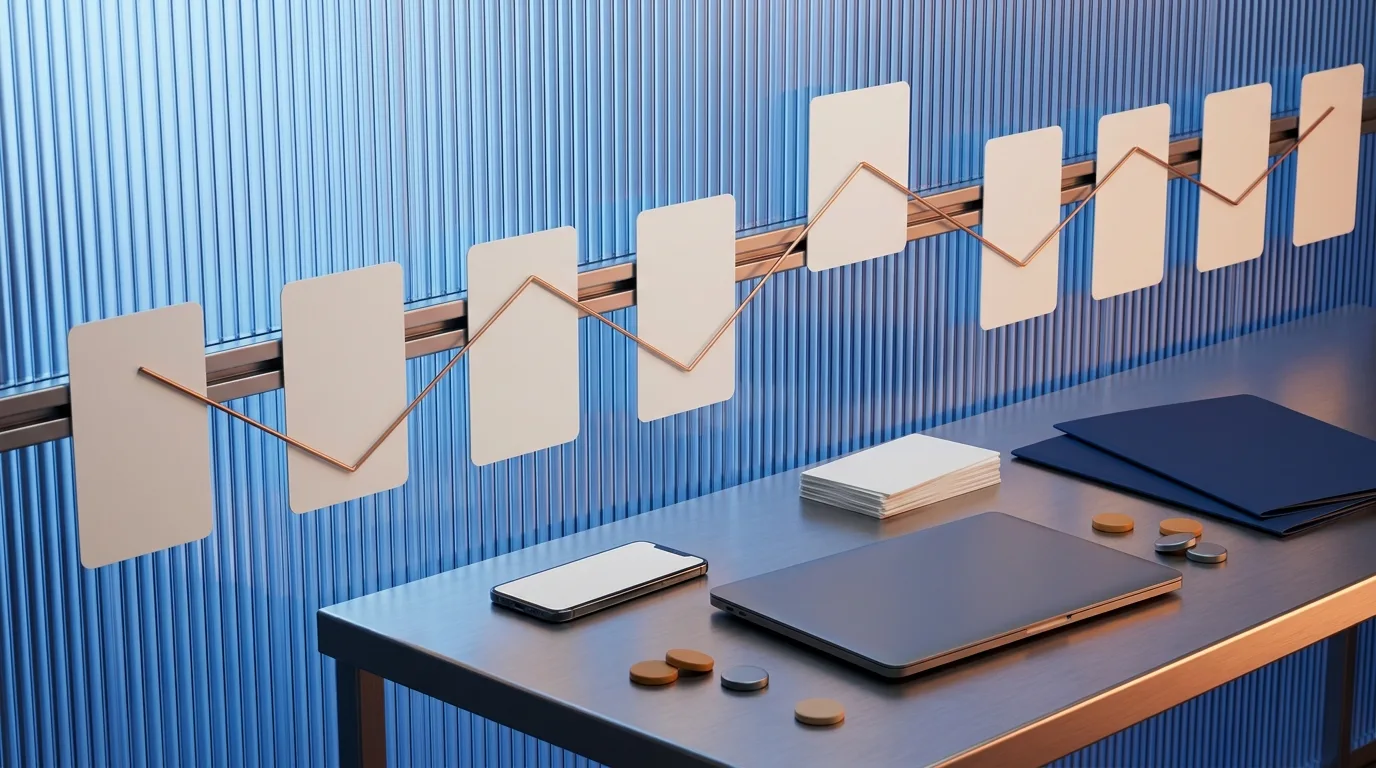 Blank channel cards connected by copper lines in a retailer back office, representing a pre-launch chatbot compliance journey map.