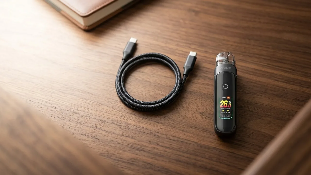 The Aspire Pixo lying on a warm walnut surface beside a coiled USB-C cable, soft window light from the left, shallow depth of field, enthusi