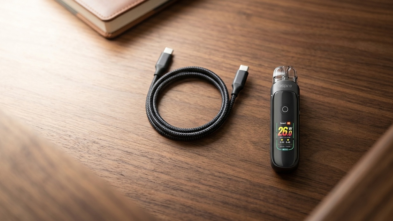 The Aspire Pixo lying on a warm walnut surface beside a coiled USB-C cable, soft window light from the left, shallow depth of field, enthusi