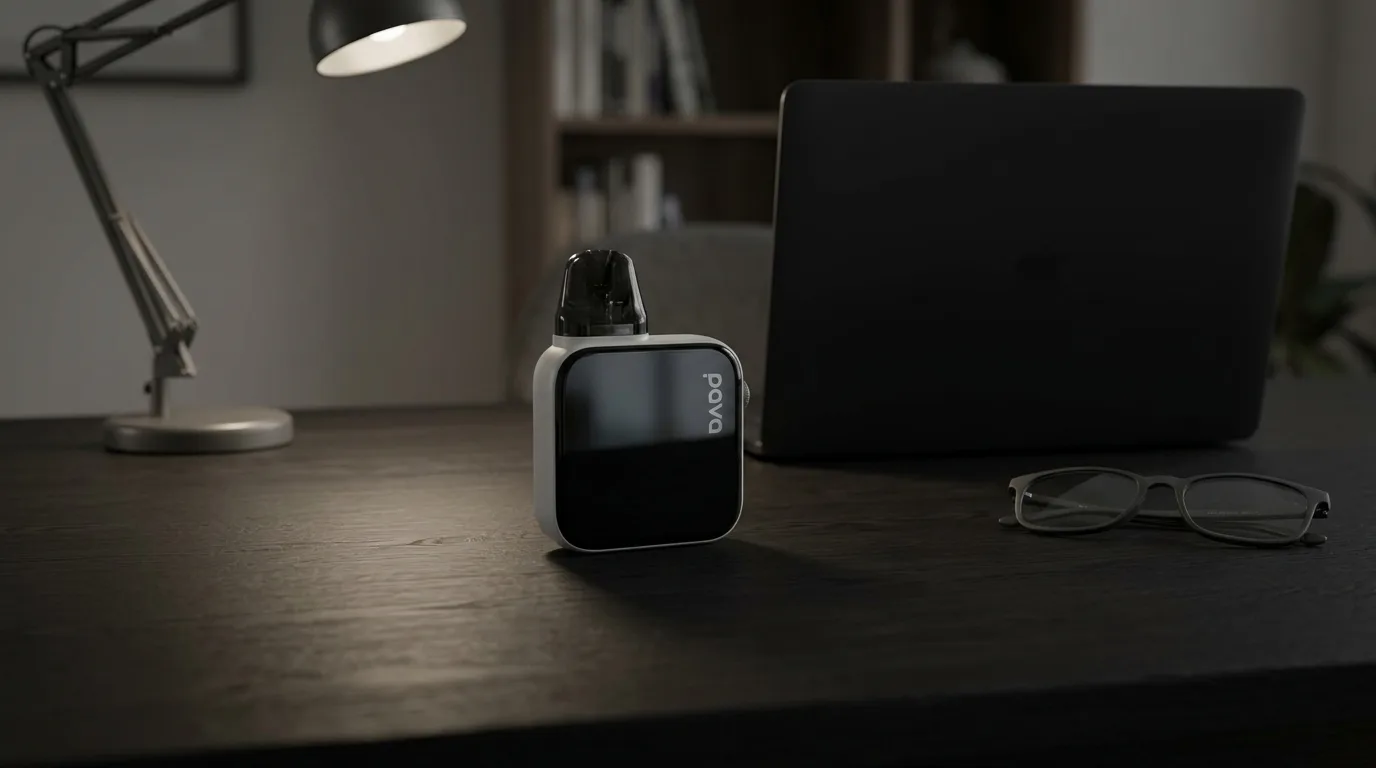 PAVA Horiz Ultra pod kit with a dim screen on a mature tech desk beside reading glasses.