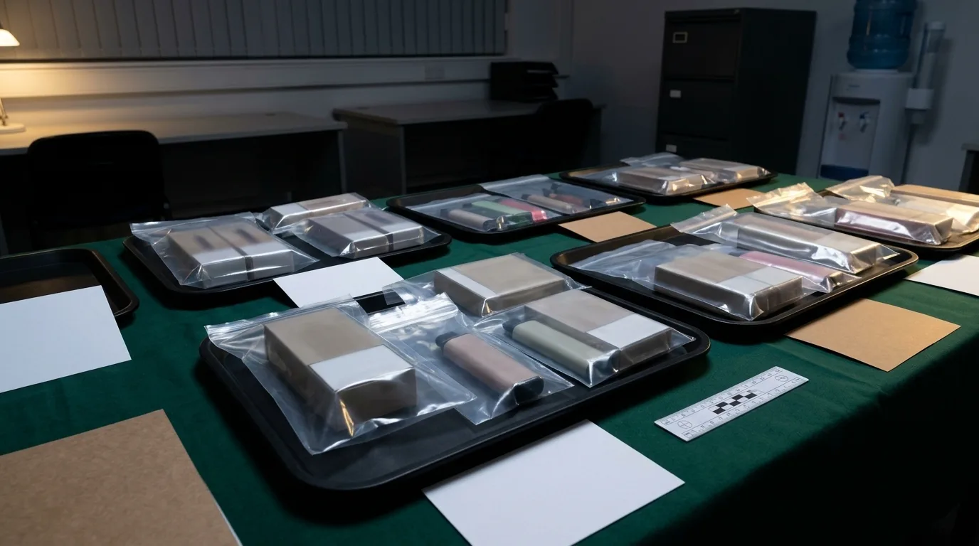 Anonymised seized vape items in clear evidence bags on a green Trading Standards evidence table.