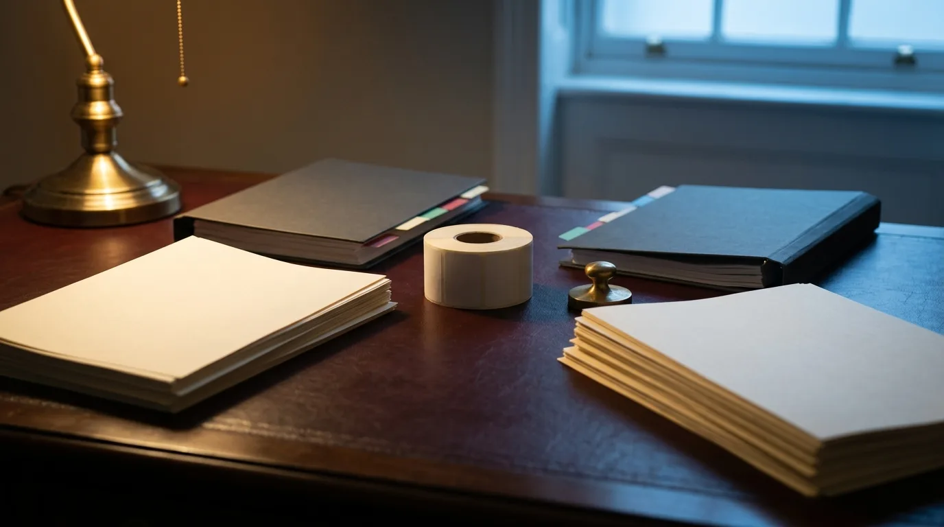Blank compliance binders and label roll arranged as a source-comparison still life for transitional vape duty stamp guidance.