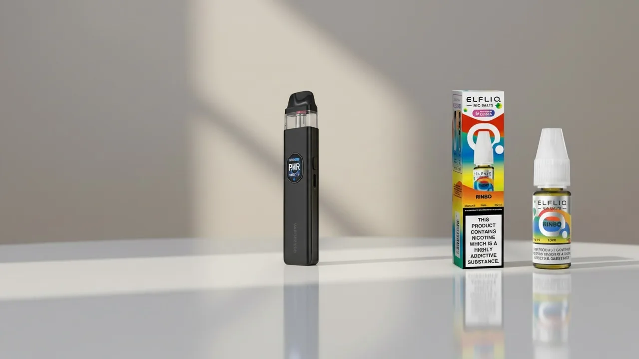 Real Vaporesso XROS 5 refillable pod kit beside a real Elf Bar ElfLiq Rinbo nic salt, illustrating which pod kits suit ElfLiq
