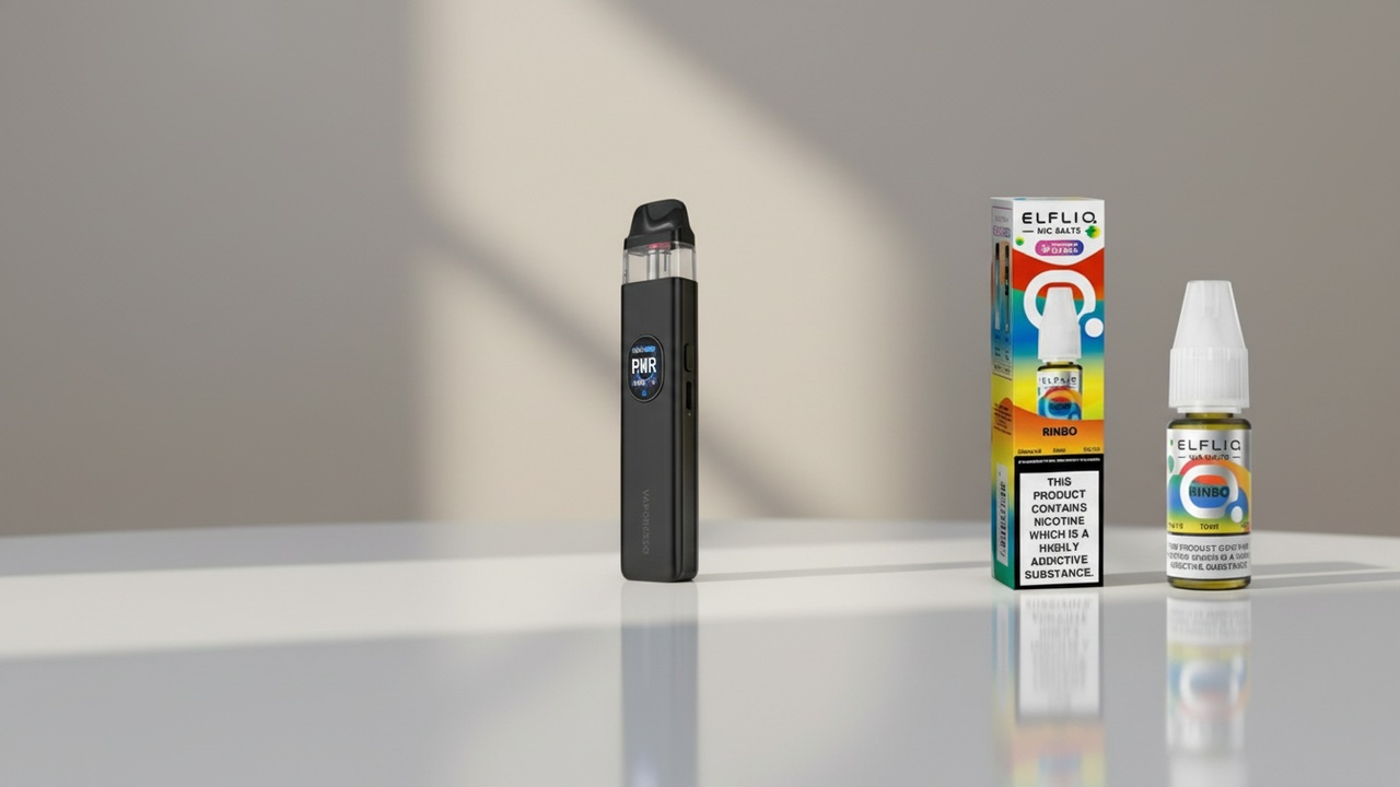 Real Vaporesso XROS 5 refillable pod kit beside a real Elf Bar ElfLiq Rinbo nic salt, illustrating which pod kits suit ElfLiq