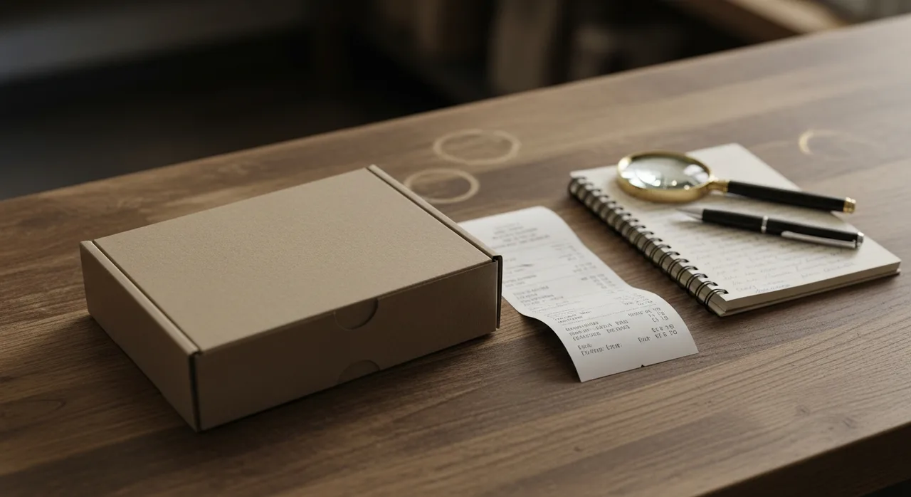 A plain unbranded product box on a wooden retail counter alongside a paper receipt, a small notebook with a pen, and a magnifying glass — suggesting an adult shopper's pre-purchase checklist.