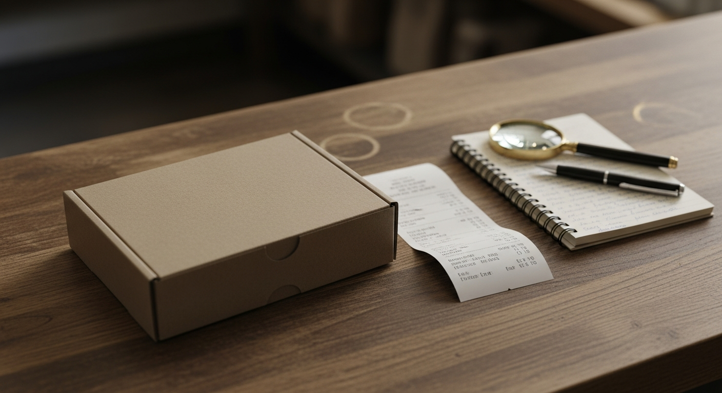 A plain unbranded product box on a wooden retail counter alongside a paper receipt, a small notebook with a pen, and a magnifying glass — suggesting an adult shopper's pre-purchase checklist.