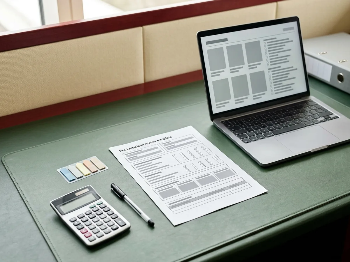 Retailer claim review template on a calm UK vape retail back-office desk with abstract catalogue cards, calculator and spec sheets.