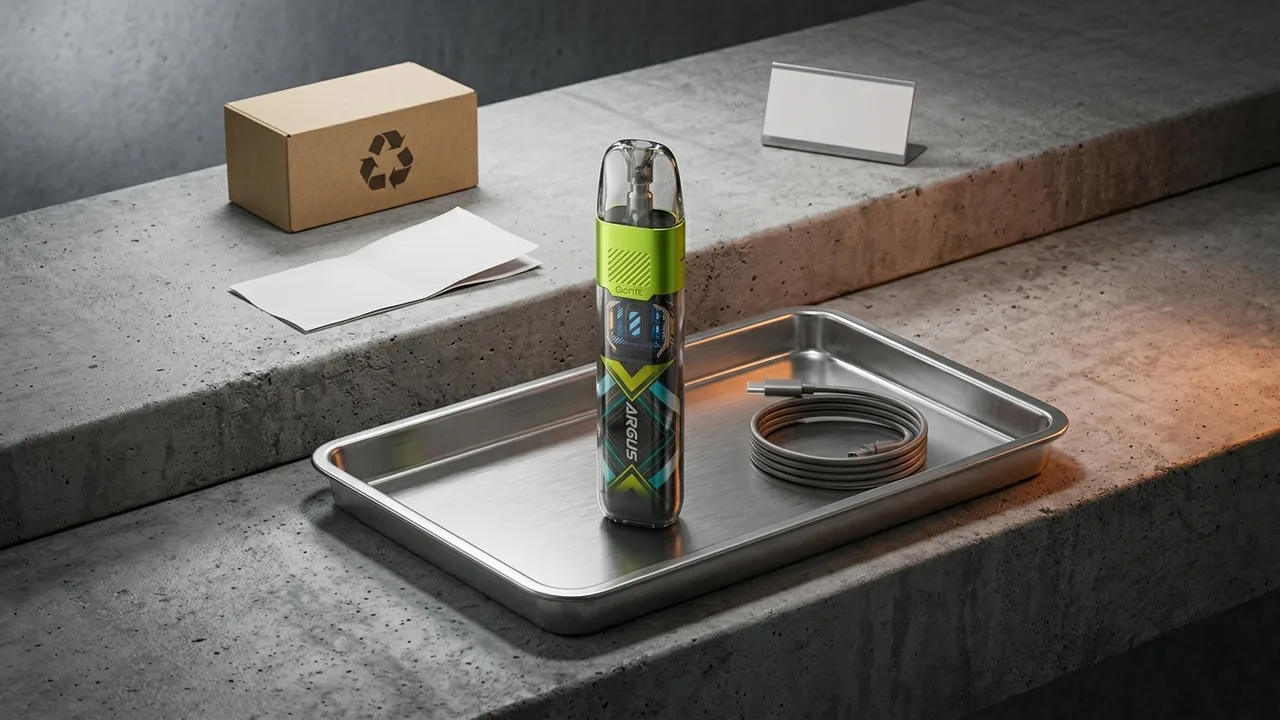 Faulty rechargeable vape set aside near a generic electrical recycling box and unplugged charging cable for safe disposal guidance