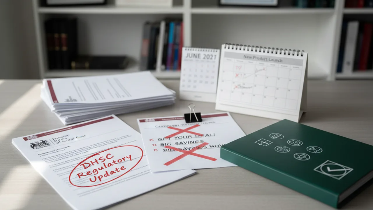 Editorial flat-lay of sponsorship contracts, media booking notes and compliance review checklist.