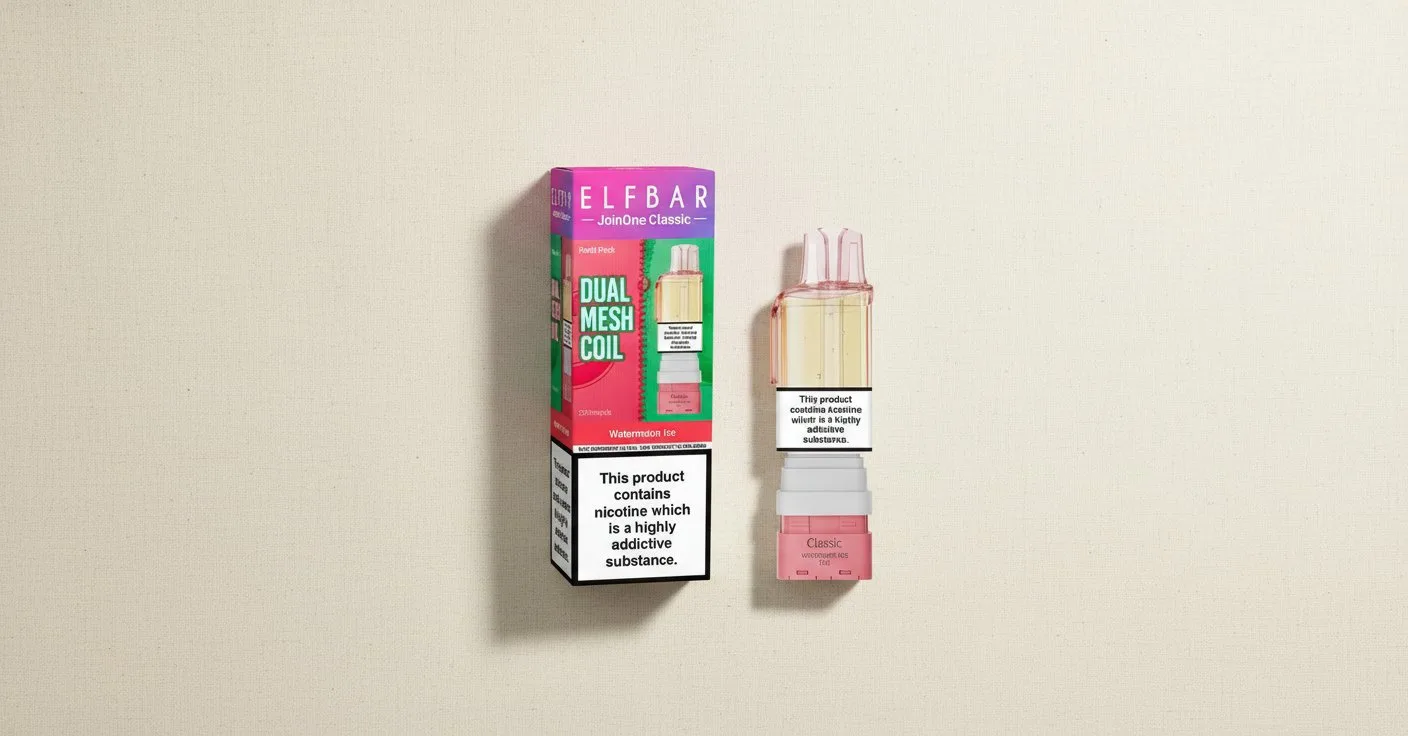 Elf Bar JoinOne Classic Watermelon Ice refill pack with the 'Dual Mesh Coil' box and standalone prefilled pod and refill container on a warm off-white linen studio surface, showing the UK 20 mg/mL nicotine warning.