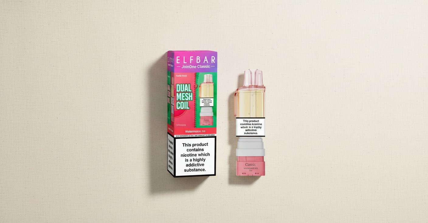 Elf Bar JoinOne Classic Watermelon Ice refill pack with the 'Dual Mesh Coil' box and standalone prefilled pod and refill container on a warm off-white linen studio surface, showing the UK 20 mg/mL nicotine warning.
