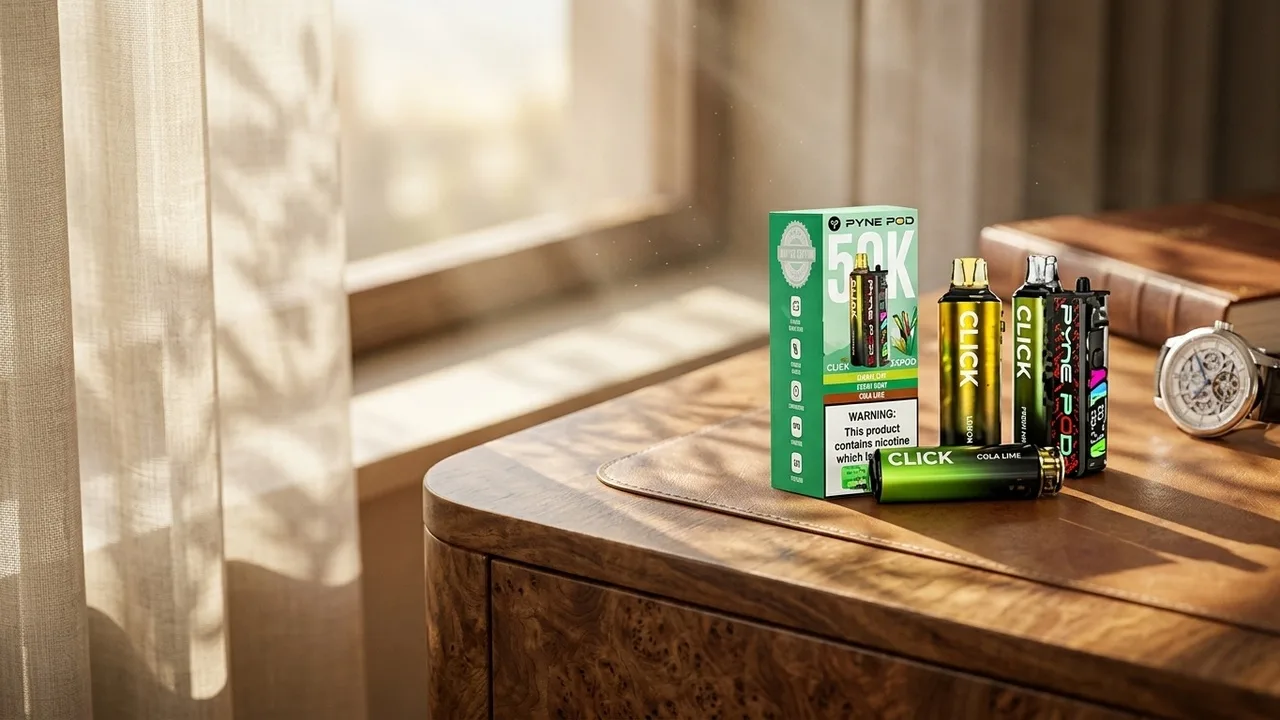 A real prefilled pod vape kit held up to soft natural light, shallow depth of field, warm tone, showing the pod and device clearly, lifestyl