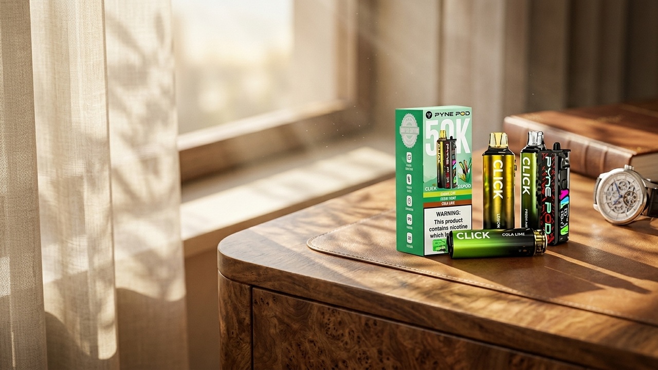 A real prefilled pod vape kit held up to soft natural light, shallow depth of field, warm tone, showing the pod and device clearly, lifestyl