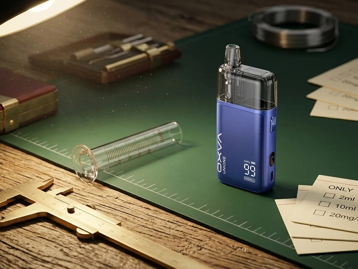 OXVA UNIONE pod kit on a compliance workbench with 2ml, 10ml and 20mg/ml UK rules cues