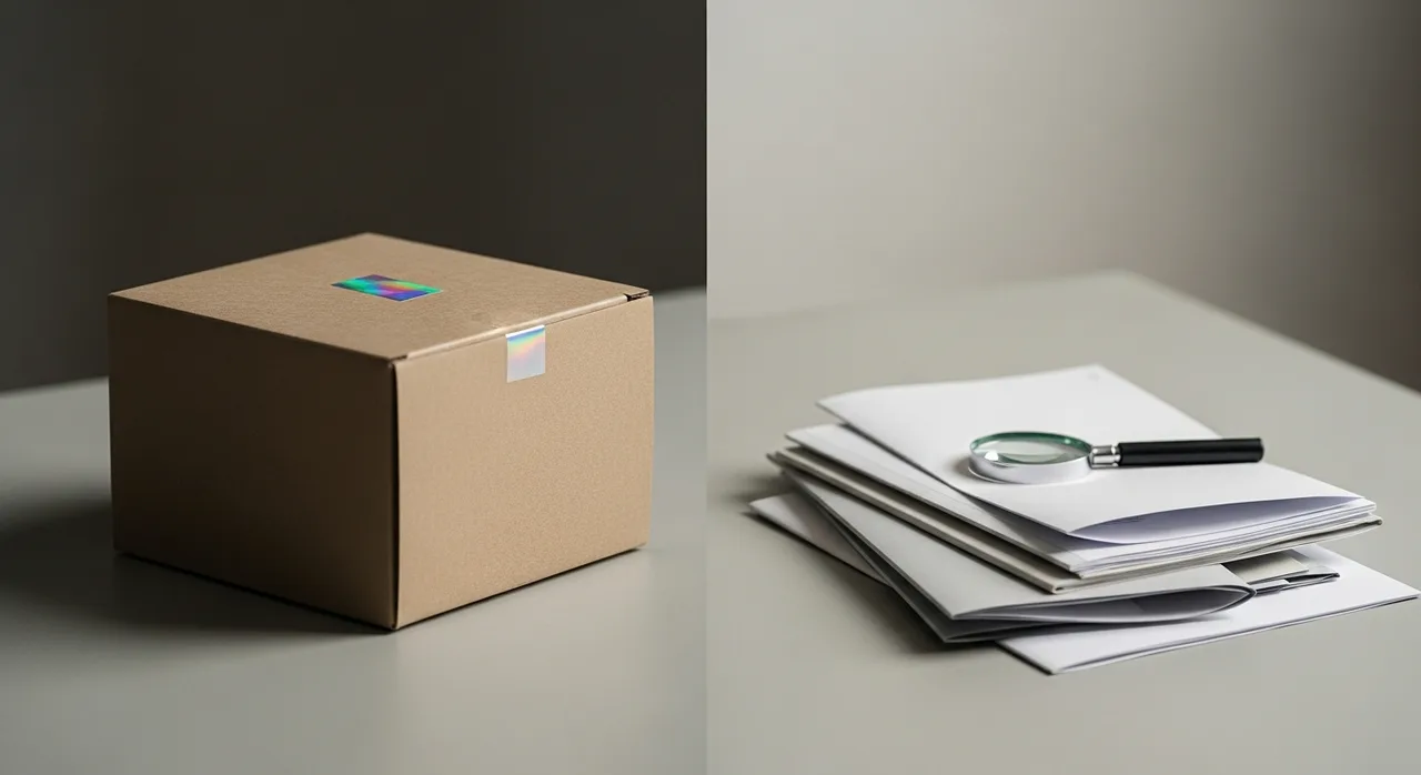A plain unbranded stamped product box on the left is deliberately separated from a stack of folded paperwork and a folded leaflet on the right, visually showing that the stamp on the box is not the same thing as the compliance paperwork.