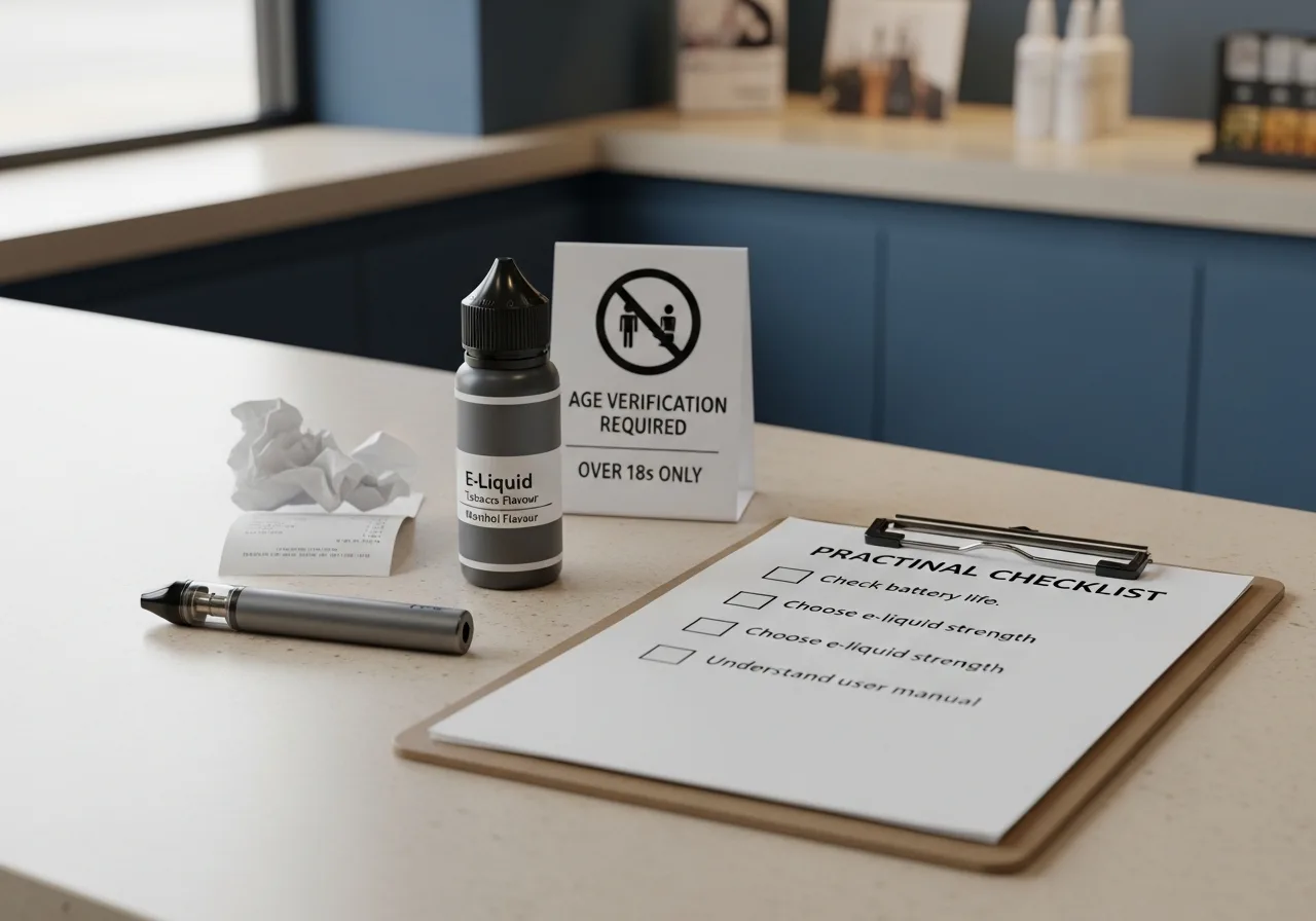 Adult vape-shop checkout scene with a refillable kit, e-liquid bottle, receipt, age-verification sign and checklist clipboard.