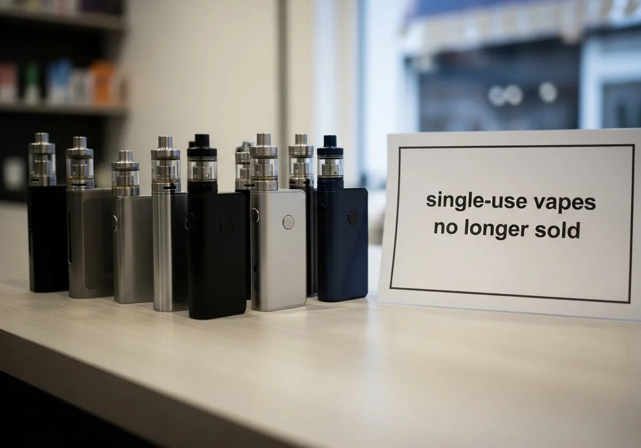 Adult retail display showing refillable vape kits beside a plain single-use-vapes notice.
