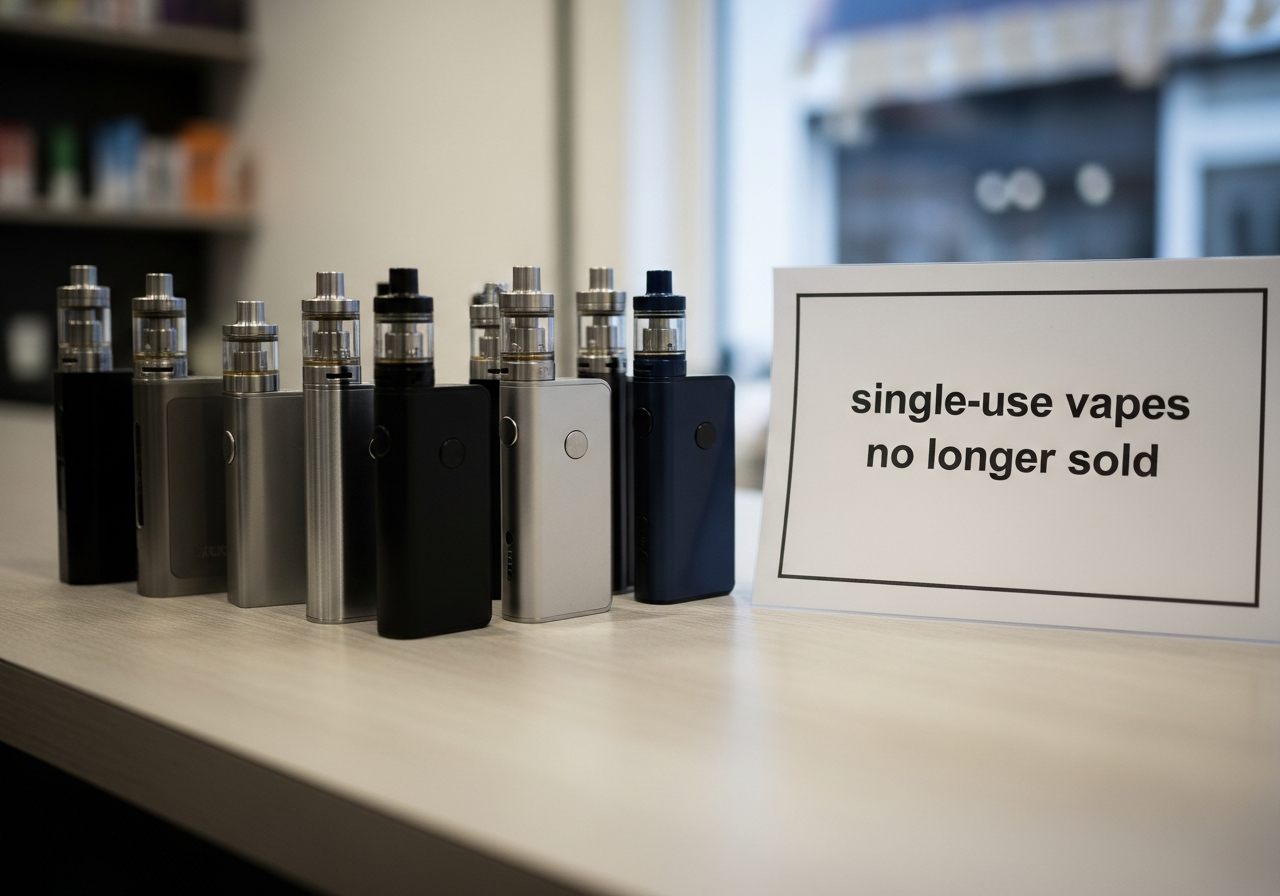 Adult retail display showing refillable vape kits beside a plain single-use-vapes notice.