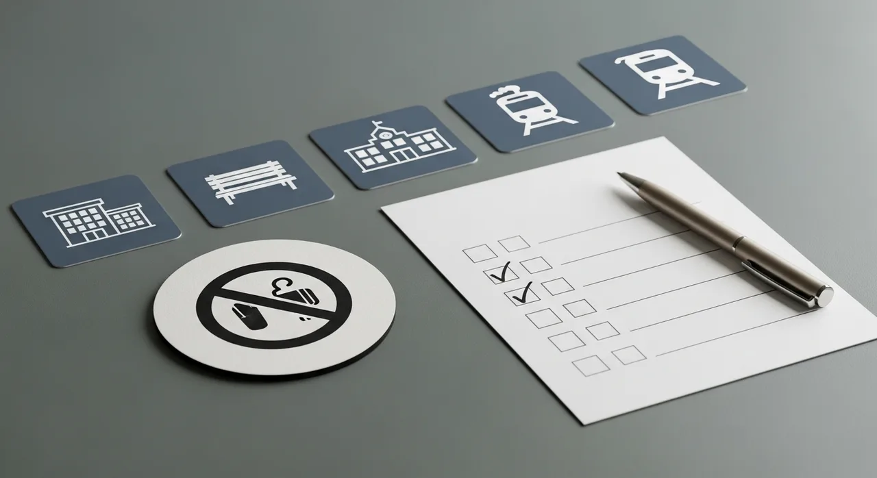 Editorial tabletop scene showing a no-vaping symbol, checklist, and place icons for vape-free places in England.
