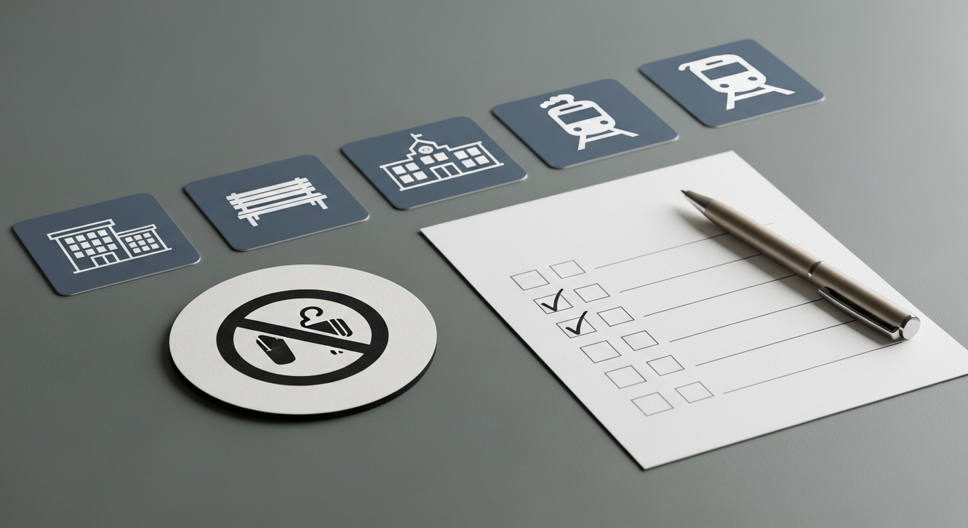 Editorial tabletop scene showing a no-vaping symbol, checklist, and place icons for vape-free places in England.
