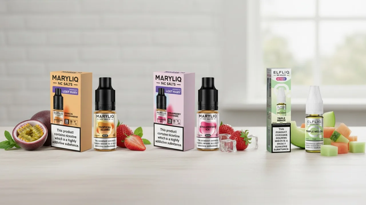 A line-up of real sweet-flavour nic-salt e-liquids — MARYLIQ Tropical Island, Strawberry Ice and ELFLIQ Triple Melon — showing flavour variety with fresh fruit.