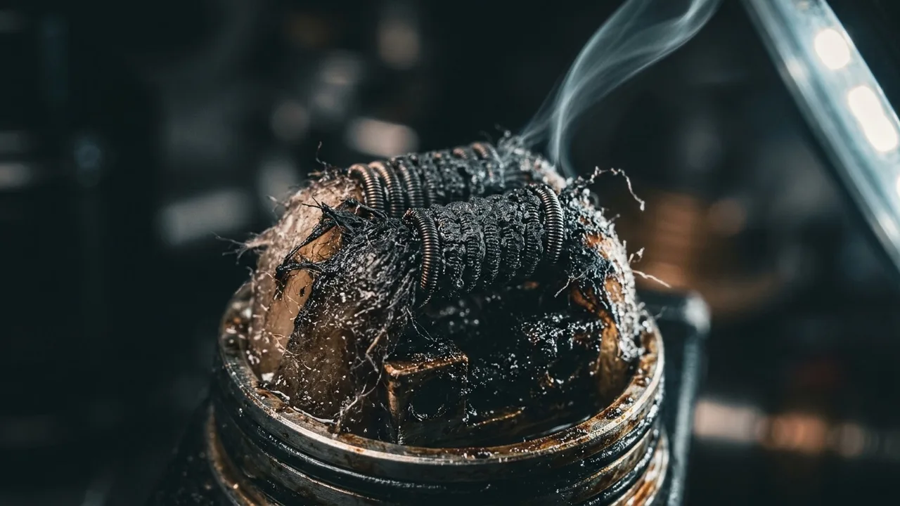 Extreme macro of a blackened burnt vape coil with charred cotton, harsh raking side light, a thin wisp of acrid smoke, dark moody background