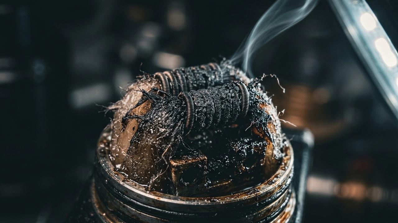 Extreme macro of a blackened burnt vape coil with charred cotton, harsh raking side light, a thin wisp of acrid smoke, dark moody background