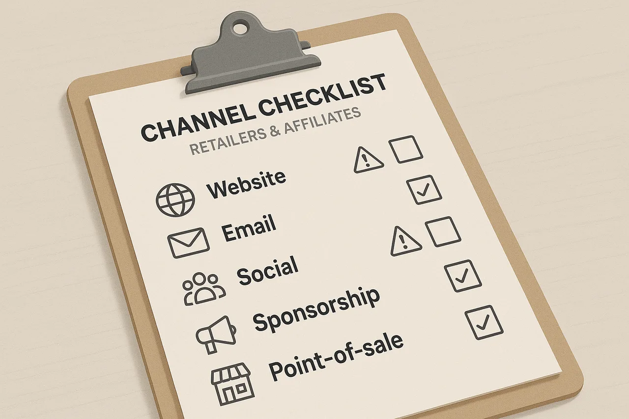 Editorial checklist graphic for adult vape retailers and affiliates showing website, email, social, sponsorship, and point-of-sale channels with caution markers.