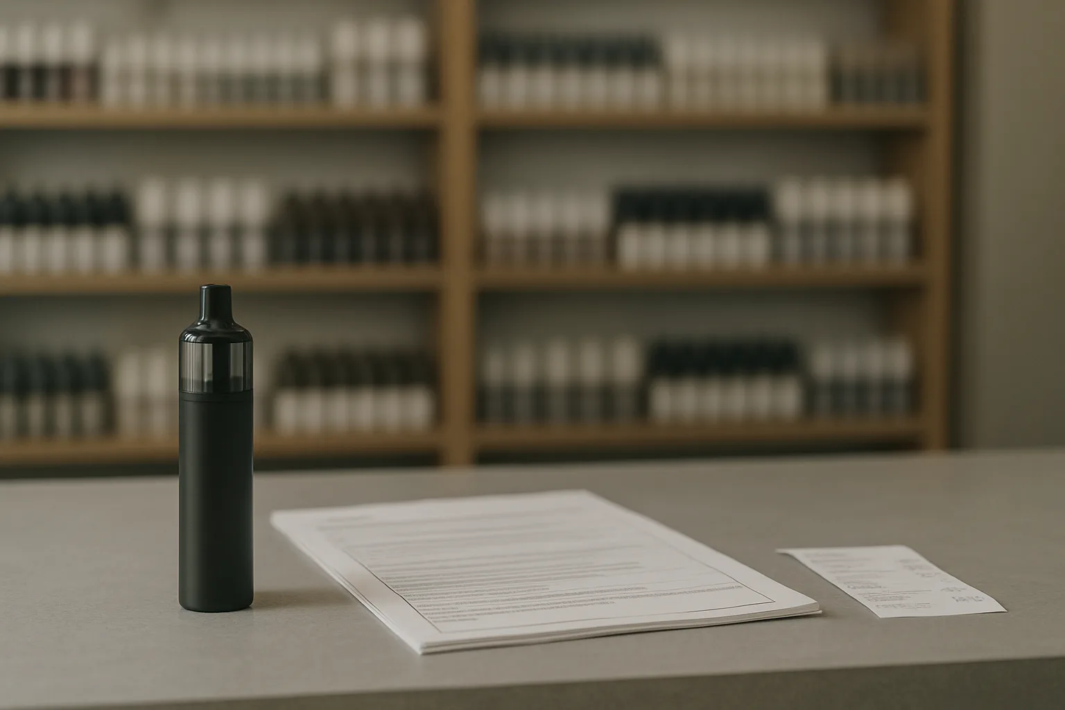 Neutral adult vape shop counter scene with compliance paperwork and unbranded refillable products for retailer response coverage.