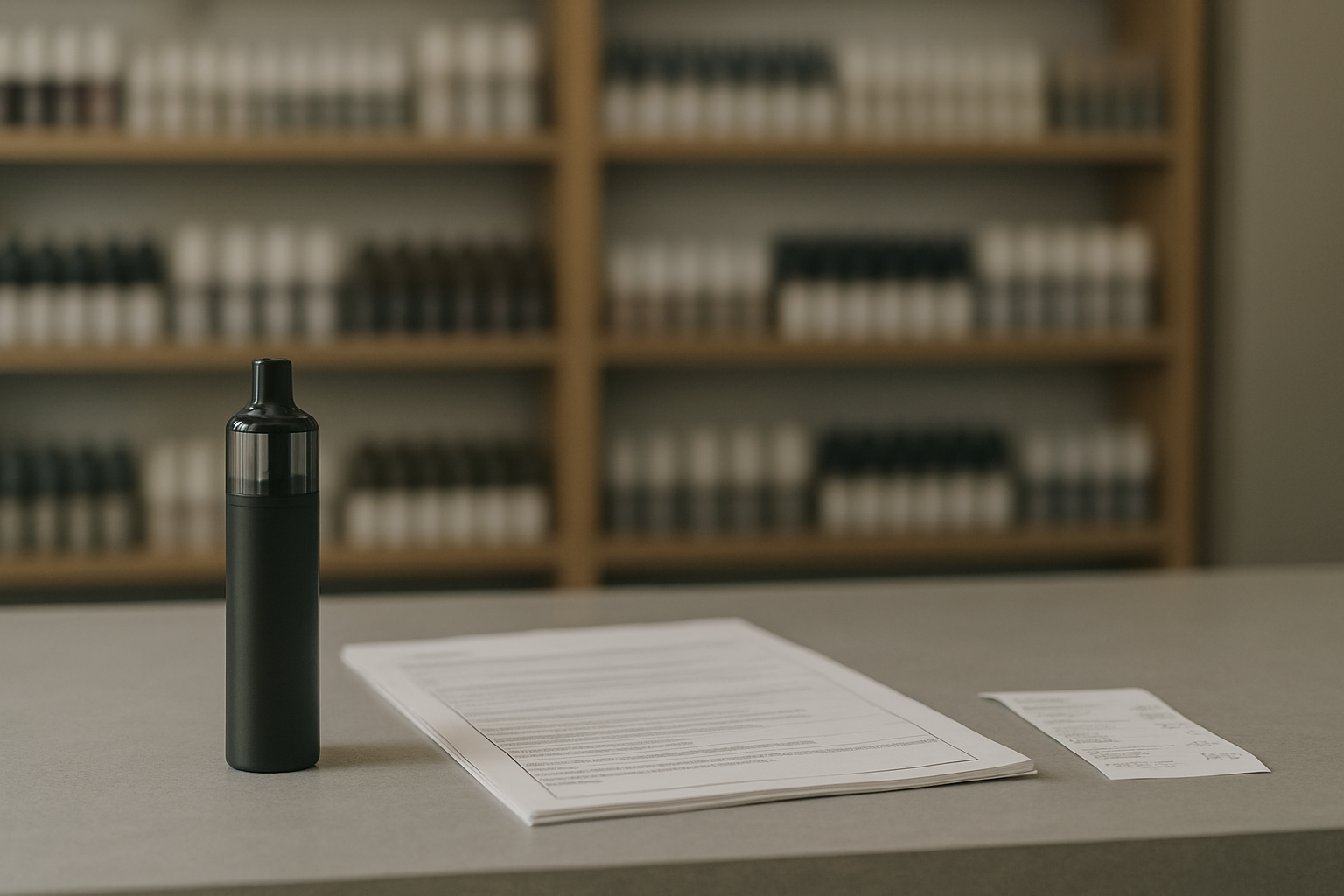 Neutral adult vape shop counter scene with compliance paperwork and unbranded refillable products for retailer response coverage.