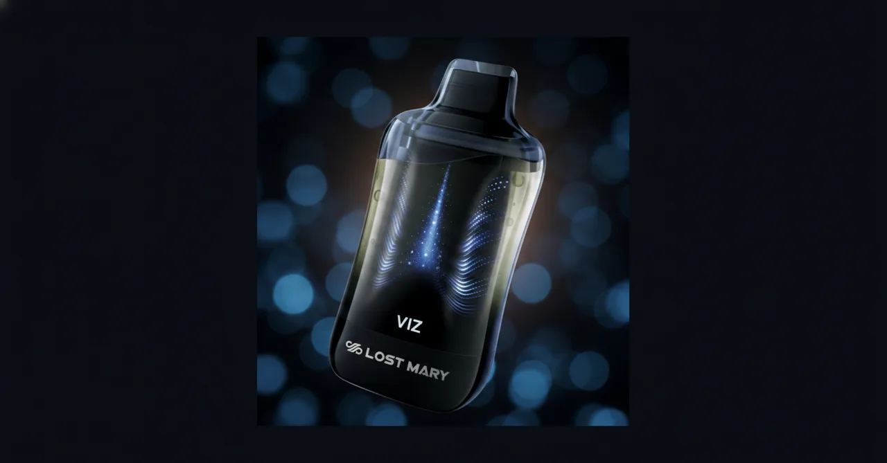 Close-up macro photograph of the Lost Mary VIZ vape device, showing the transparent pod, internal LED grid pattern, and the VIZ + Lost Mary wordmarks.