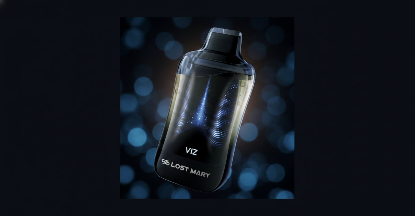 Close-up macro photograph of the Lost Mary VIZ vape device, showing the transparent pod, internal LED grid pattern, and the VIZ + Lost Mary wordmarks.